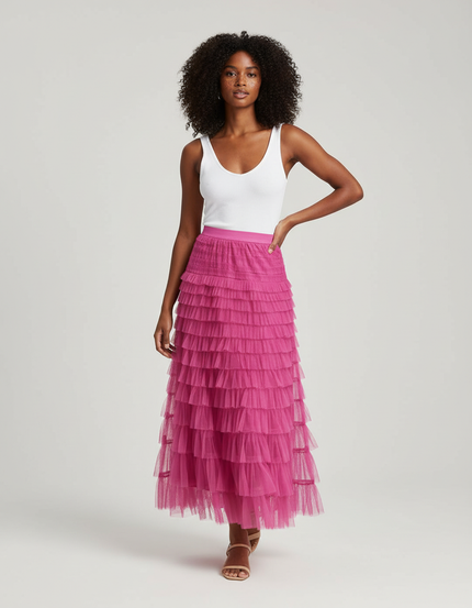 Jupe Longue Rose Fuchsia Volants Élégante