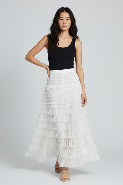 Jupe Longue Blanche Tulle Volants Élégante Mariage