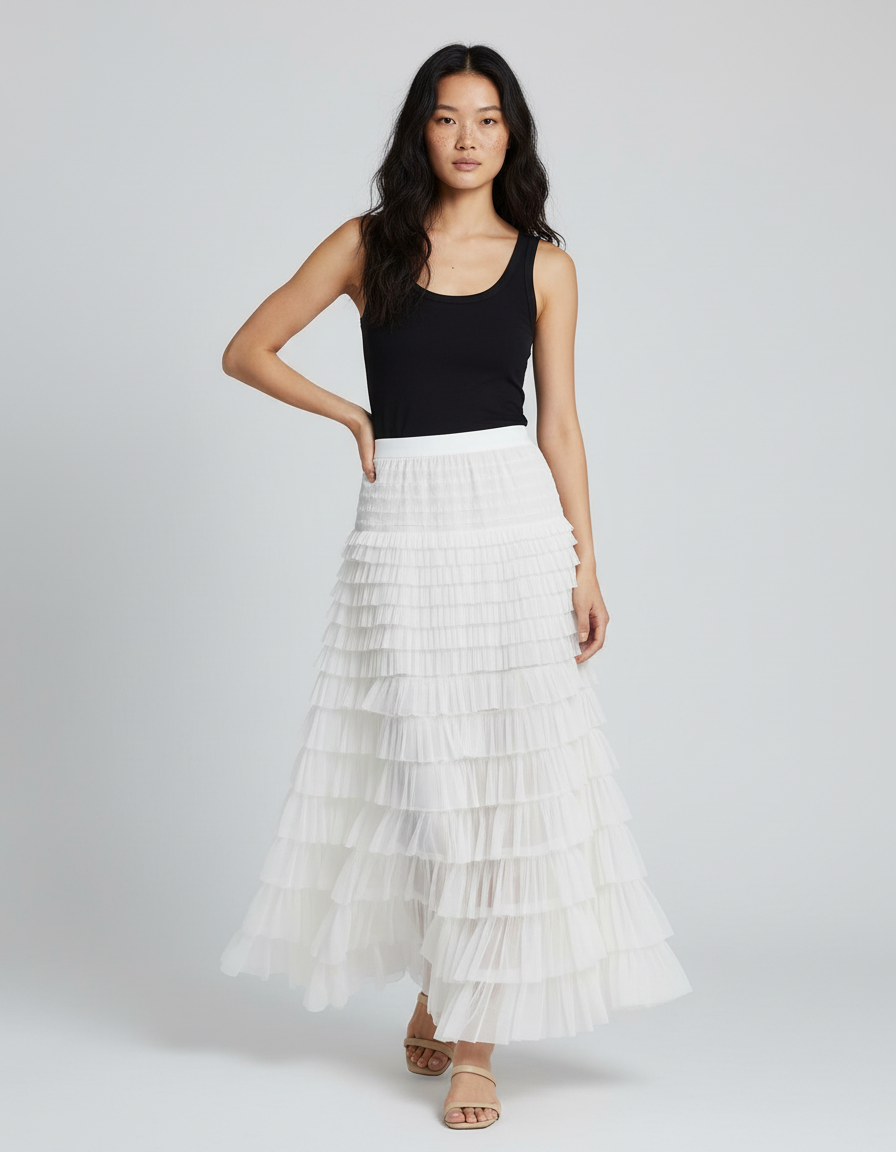 Jupe Longue Blanche Tulle Volants Élégante Mariage