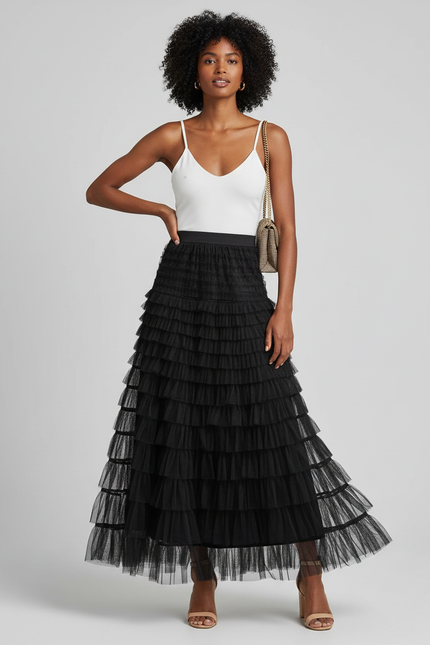 Jupe Longue Noire Volants Élégante