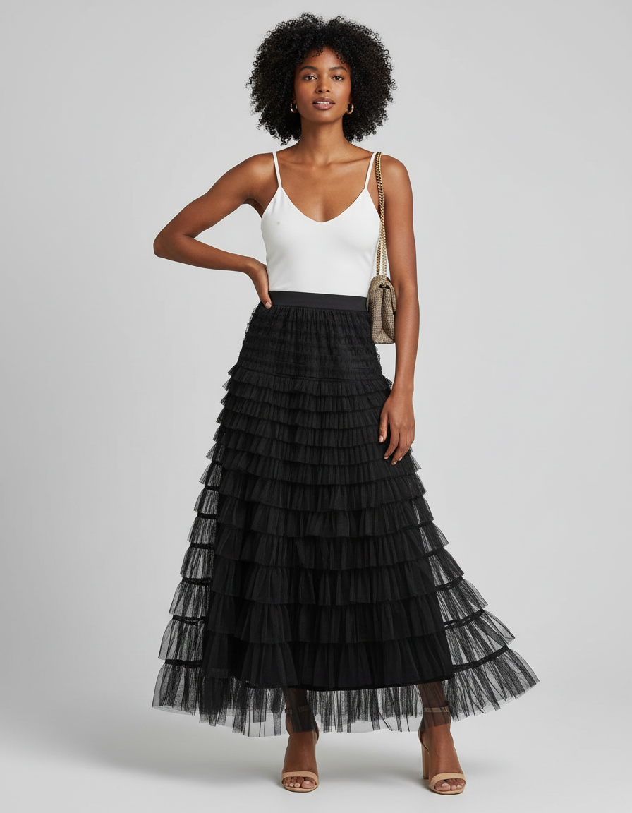 Jupe Longue Noire Volants Élégante