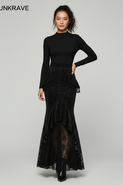 Jupe Longue Dentelle Noire Sirène Gothique
