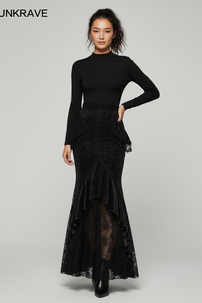 Jupe Longue Dentelle Noire Sirène Gothique