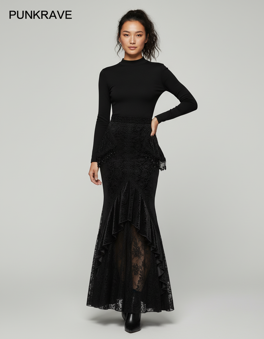 Jupe Longue Dentelle Noire Sirène Gothique