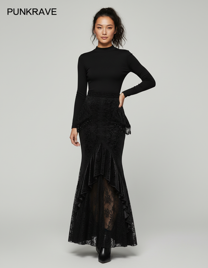 Jupe Longue Dentelle Noire Sirène Gothique