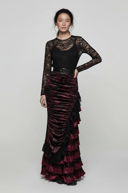 Jupe Longue Velours Bordeaux Volants Élégante