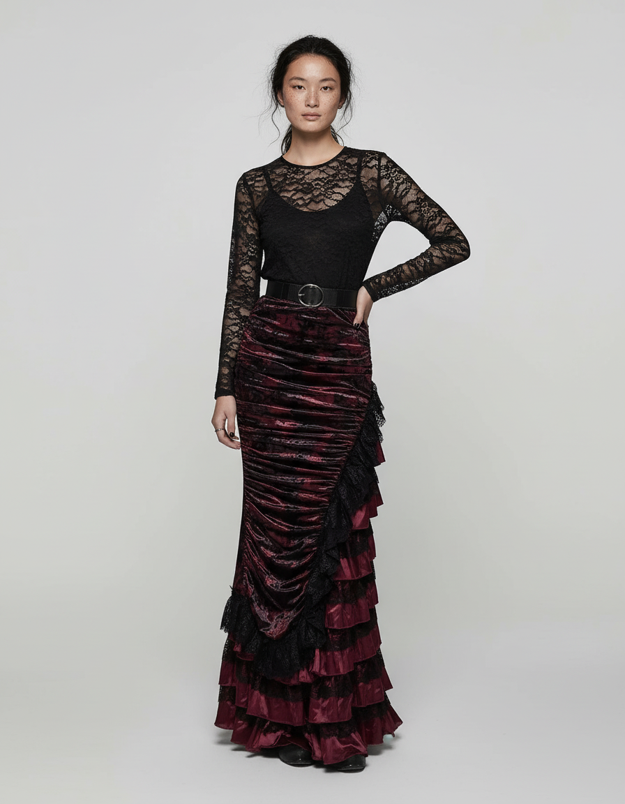 Jupe Longue Velours Bordeaux Volants Élégante