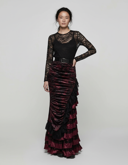 Jupe Longue Velours Bordeaux Volants Élégante