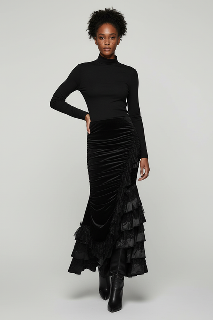 Jupe Longue Velours Noir Volants Dentelle Gothic