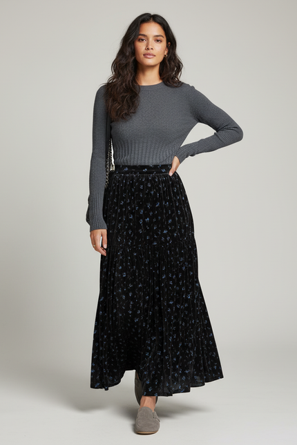 Jupe Longue Velours Floral Plissée