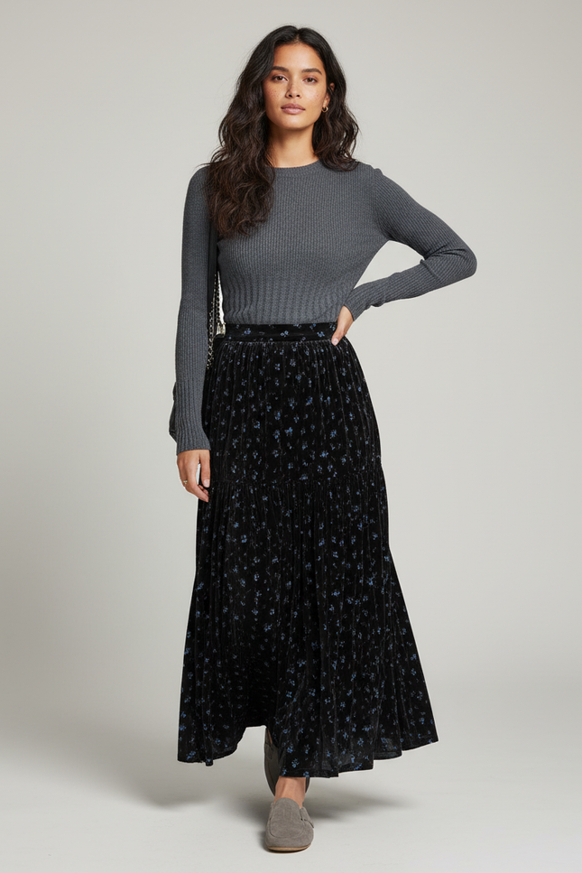 Jupe Longue Velours Floral Plissée