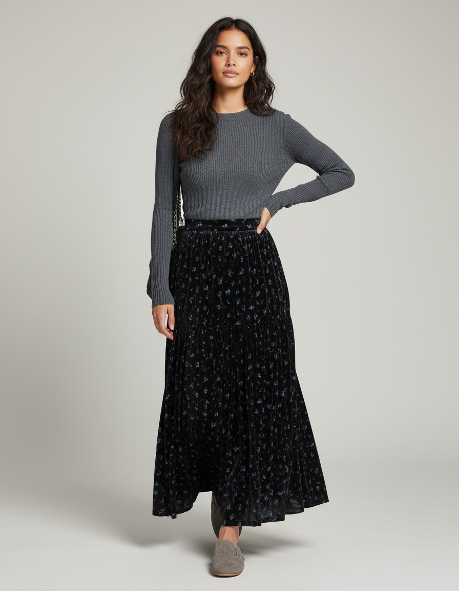 Jupe Longue Velours Floral Plissée