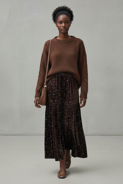 Jupe Longue Velours Floral Élégante