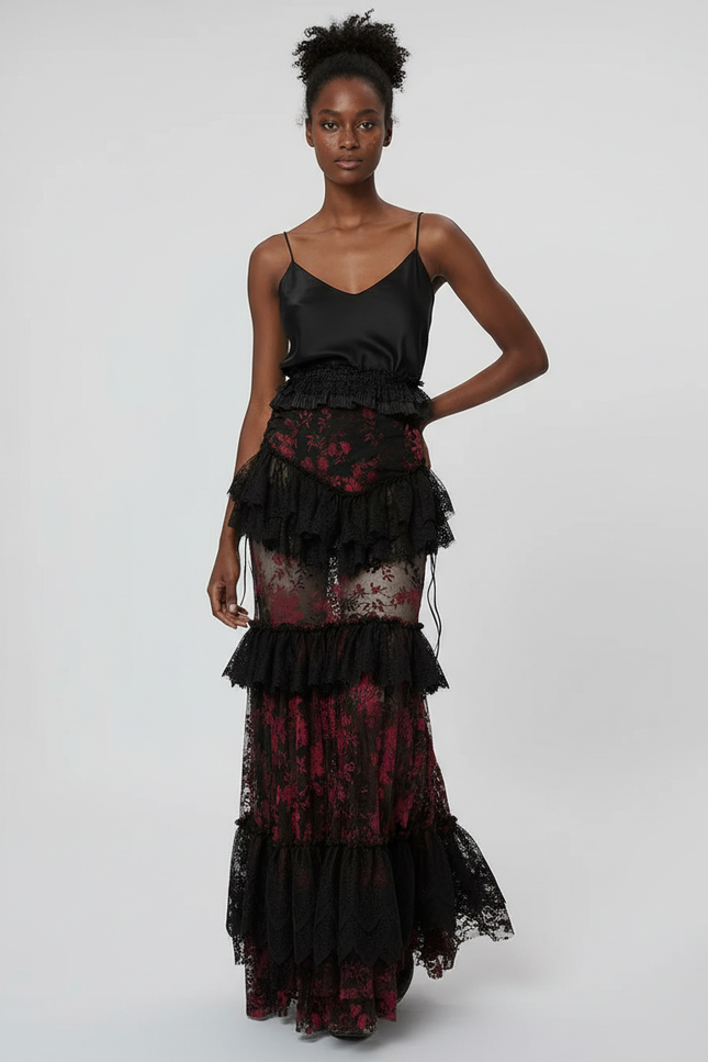 Jupe Longue Dentelle Transparente Élégante Soirée Femme