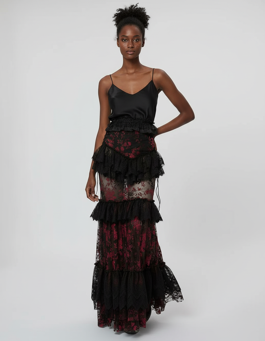 Jupe Longue Dentelle Transparente Élégante Soirée Femme