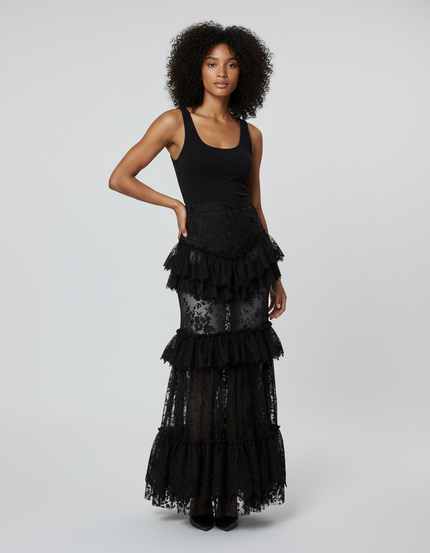 Jupe Longue Dentelle Noire À Volants Élégante