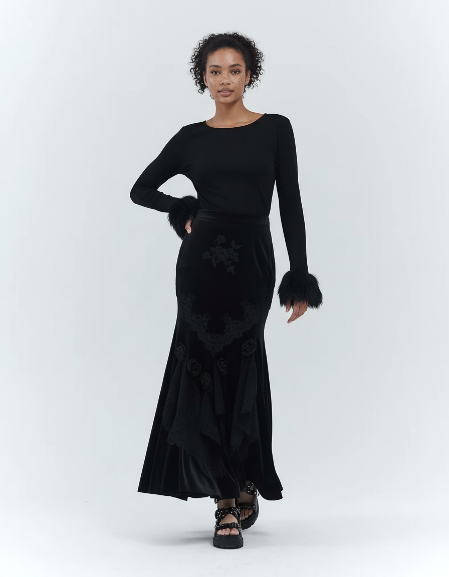 Jupe Longue Velours Noire Chic