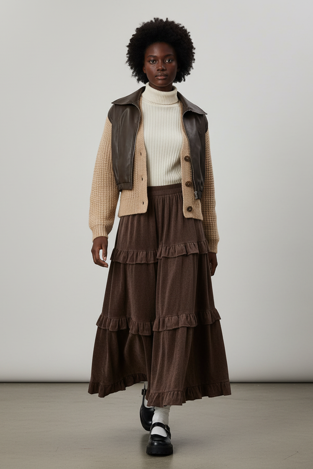 Jupe Longue Marron À Volants Élégante