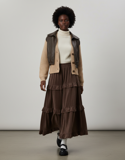 Jupe Longue Marron À Volants Élégante