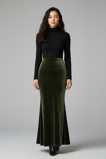 Jupe Longue Velours Vert Sirène Élégante