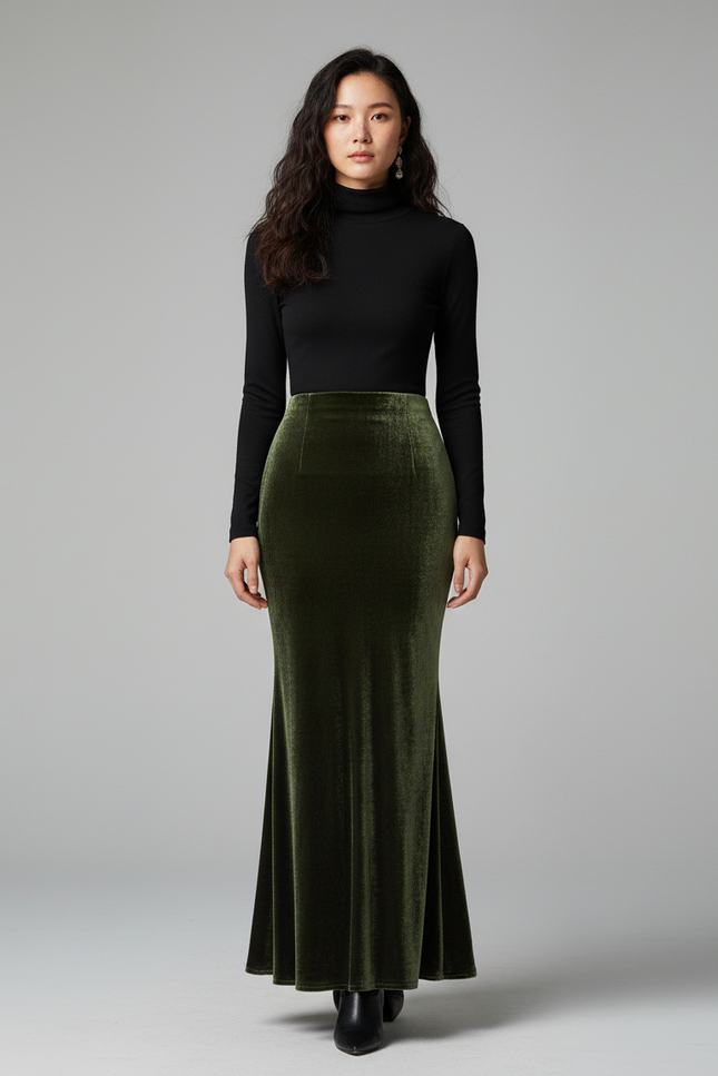 Jupe Longue Velours Vert Sirène Élégante
