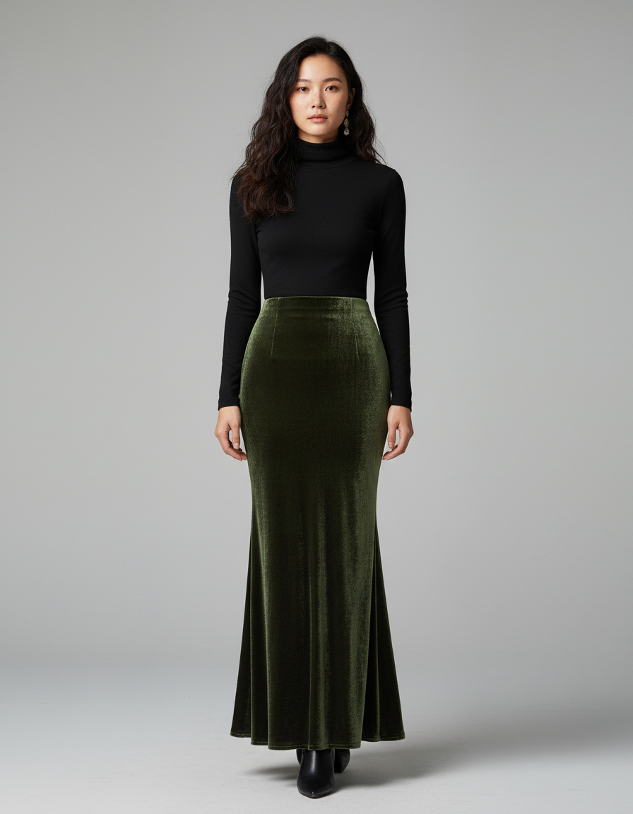 Jupe Longue Velours Vert Sirène Élégante