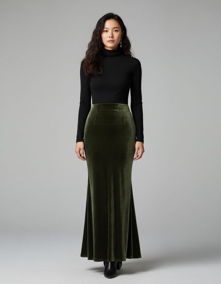 Jupe Longue Velours Vert Sirène Élégante