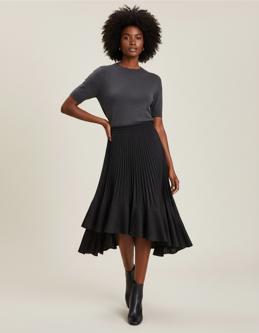 Jupe Longue Plissee Noire Femme