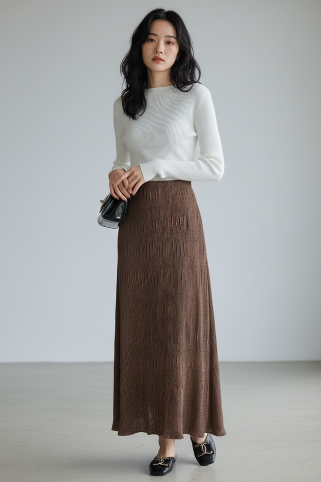 Jupe Longue Marron Plissée Fluide Femme