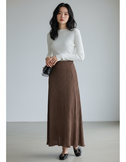 Jupe Longue Marron Plissée Fluide Femme