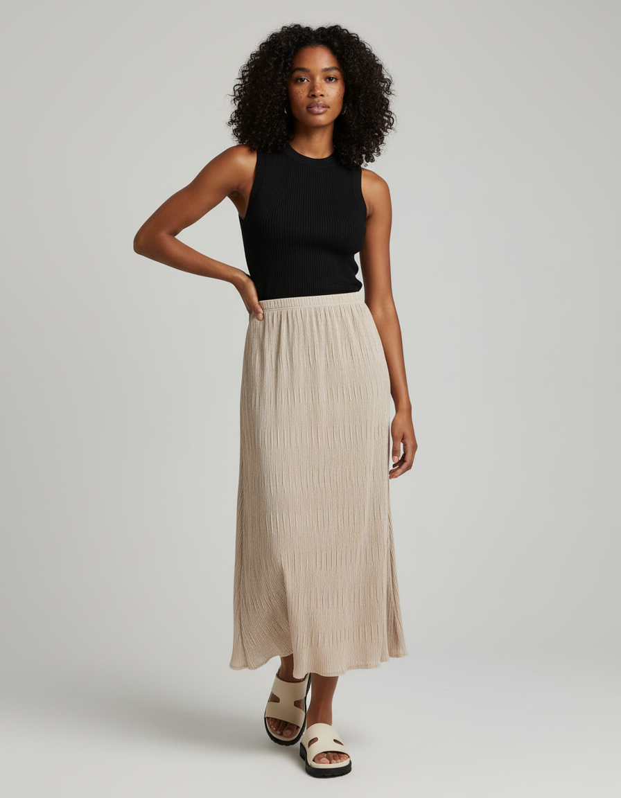 Jupe Longue Beige Plissée Fluide