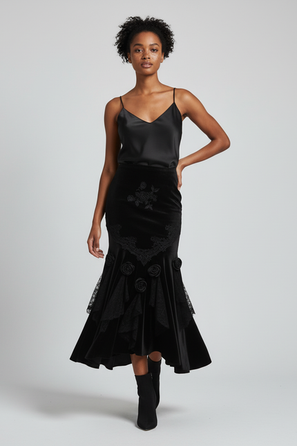 Jupe Longue Velours Brodé Élégante