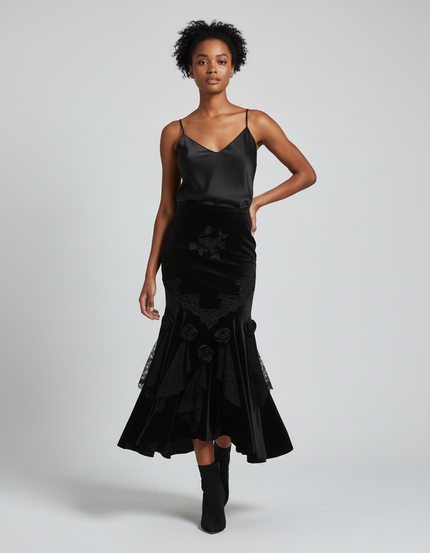 Jupe Longue Velours Brodé Élégante