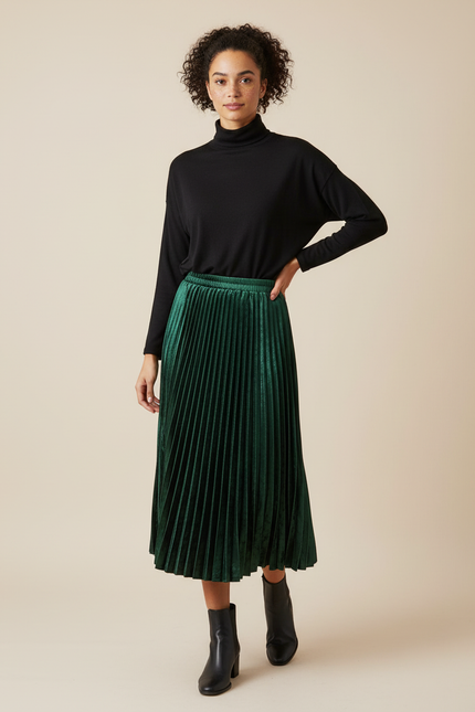 Jupe Longue Velours Plissée Brillante Verte