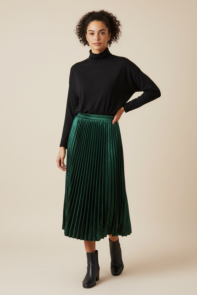 Jupe Longue Velours Plissée Brillante Verte
