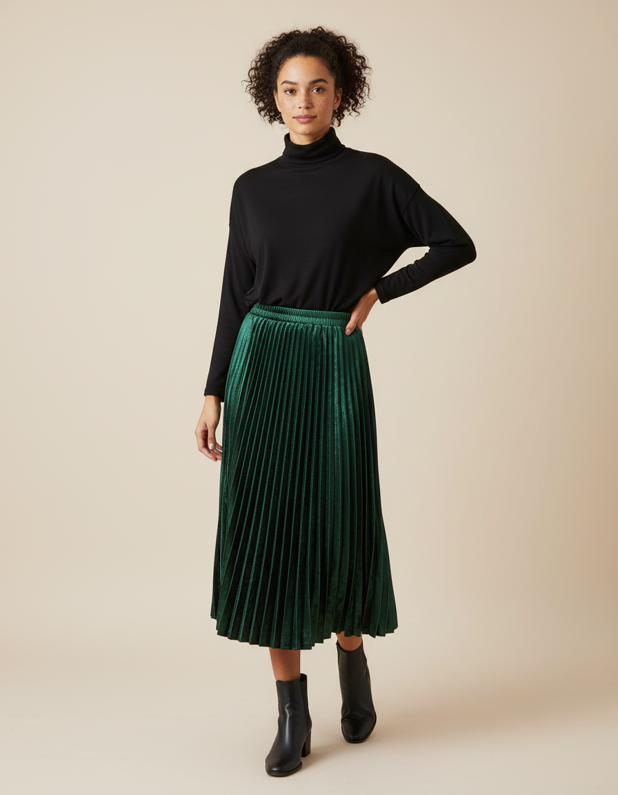 Jupe Longue Velours Plissée Brillante Verte