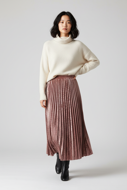 Jupe Longue Rose Velours Plissée