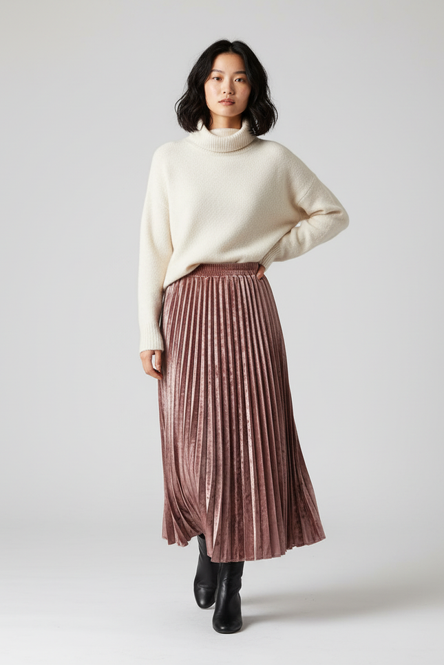 Jupe Longue Rose Velours Plissée