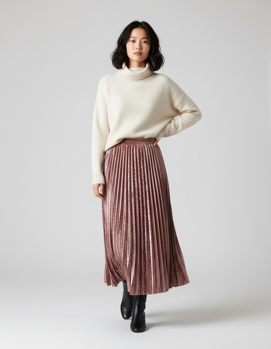 Jupe Longue Rose Velours Plissée