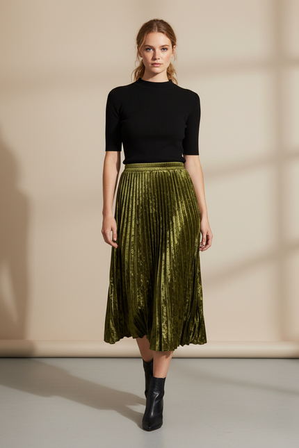 Jupe Longue Velours Plissée Élégante Mode