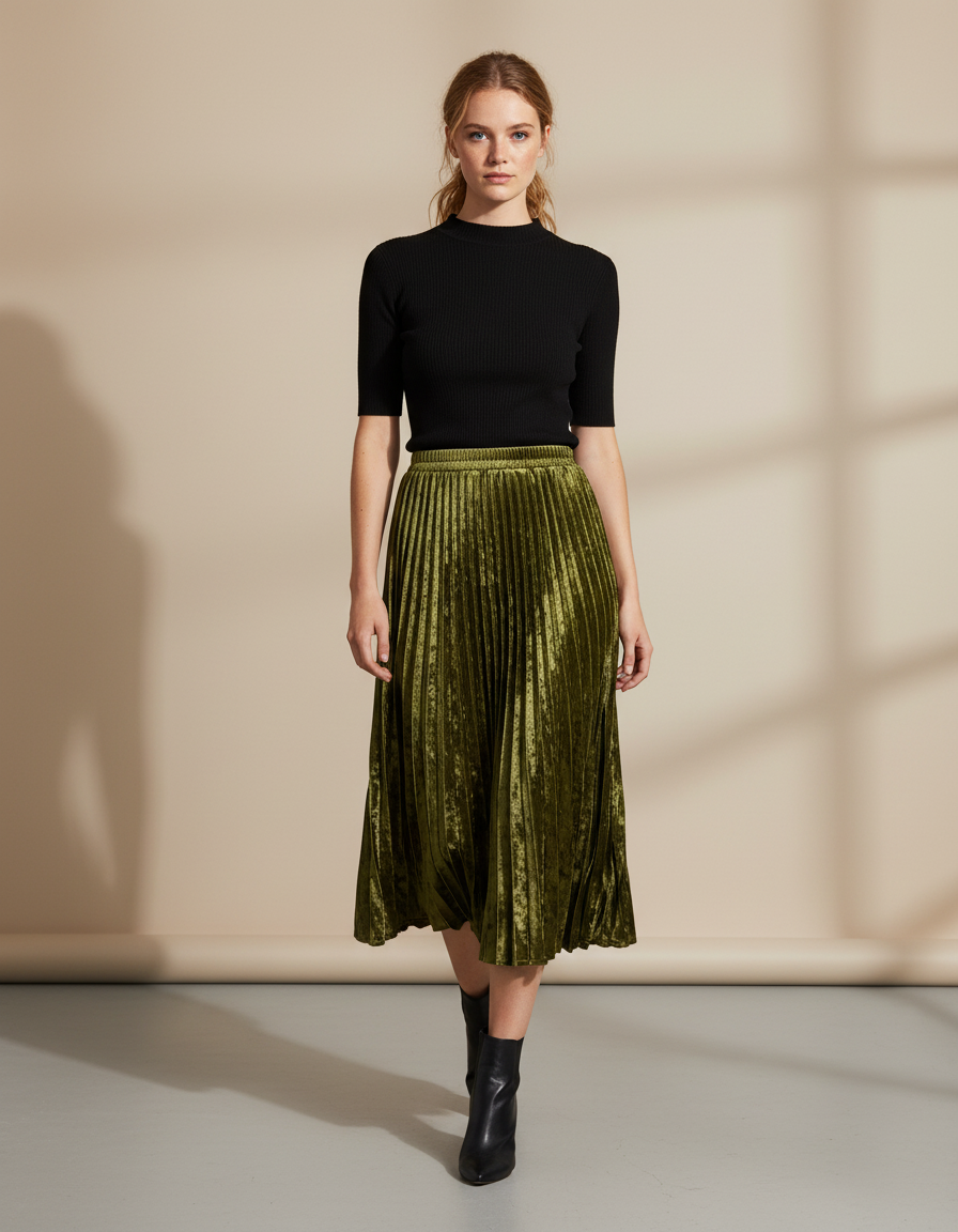 Jupe Longue Velours Plissée Élégante Mode