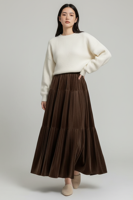 Jupe Longue Velours Plissée Marron Élégante