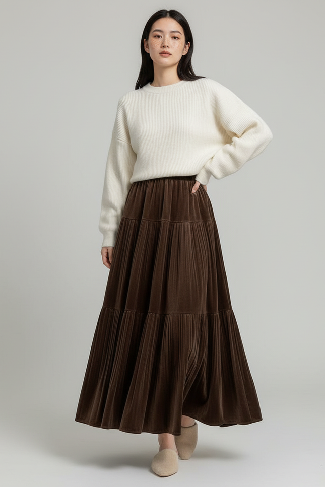 Jupe Longue Velours Plissée Marron Élégante