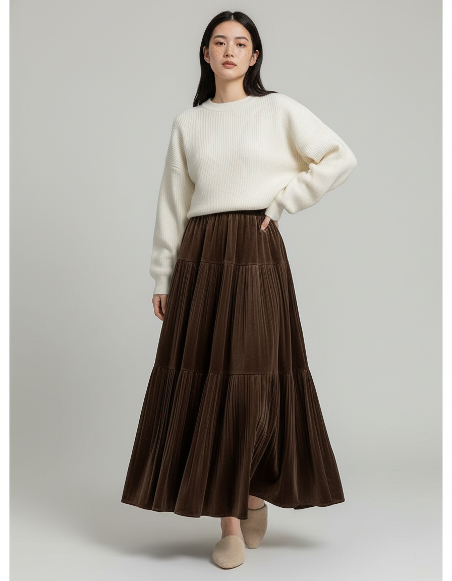 Jupe Longue Velours Plissée Marron Élégante