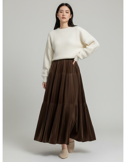 Jupe Longue Velours Plissée Marron Élégante