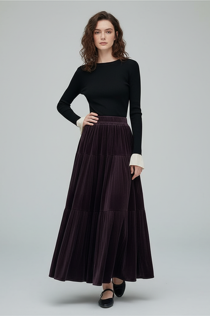 Jupe Longue Velours Prune Plissée
