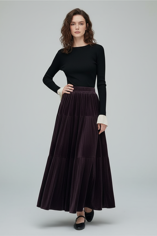 Jupe Longue Velours Prune Plissée