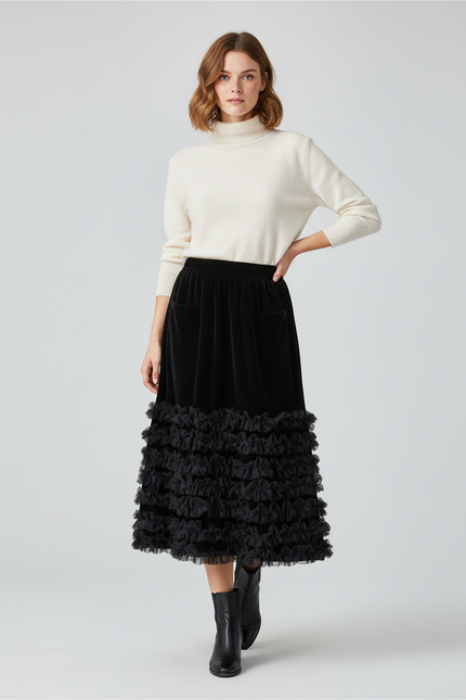 Jupe Longue Velours Volants Noire Élégante