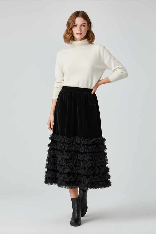 Jupe Longue Velours Volants Noire Élégante
