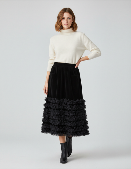 Jupe Longue Velours Volants Noire Élégante